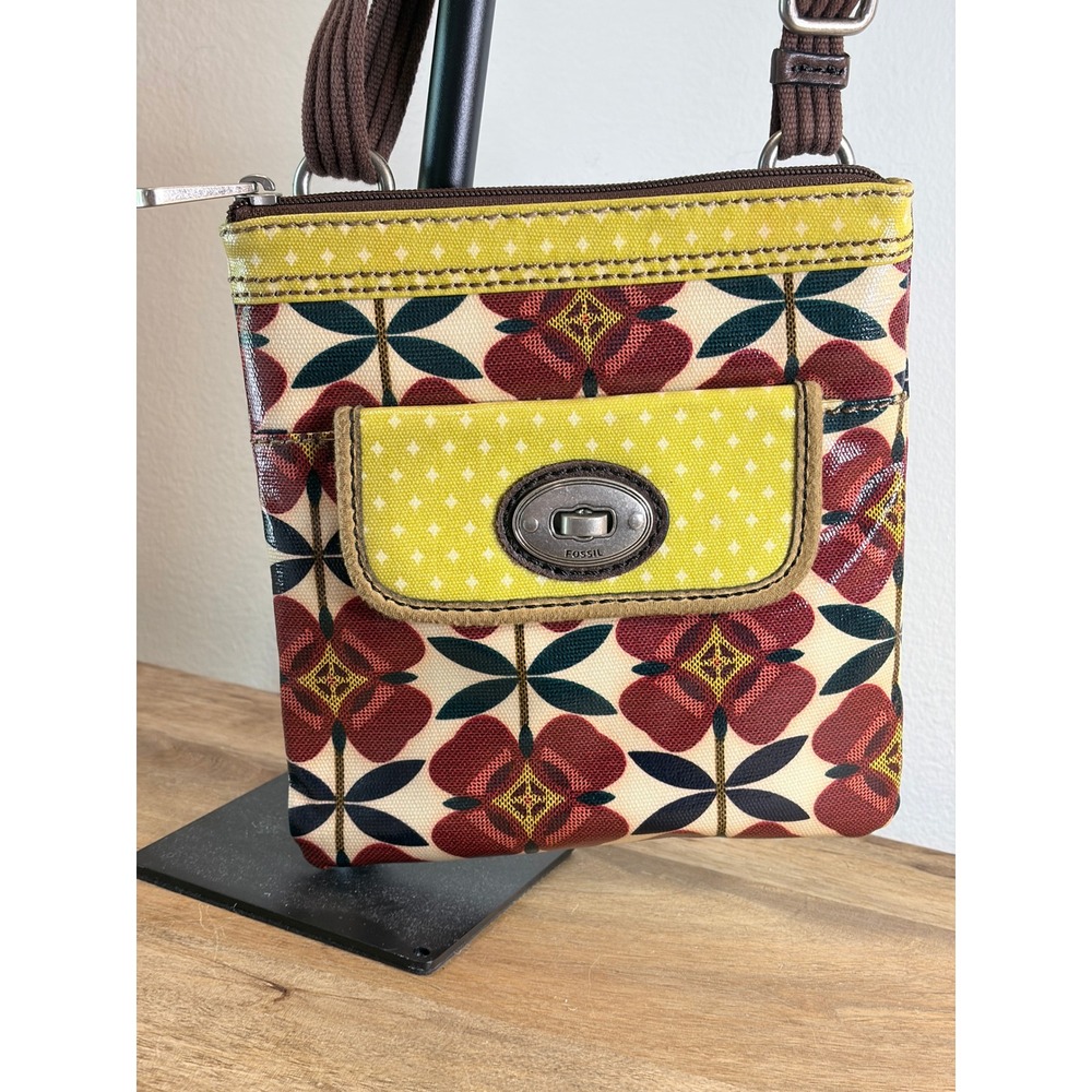 Fossil Key-Per Crossbody Bag Retro Floral Red Yellow Turnlock Pocket Purse
